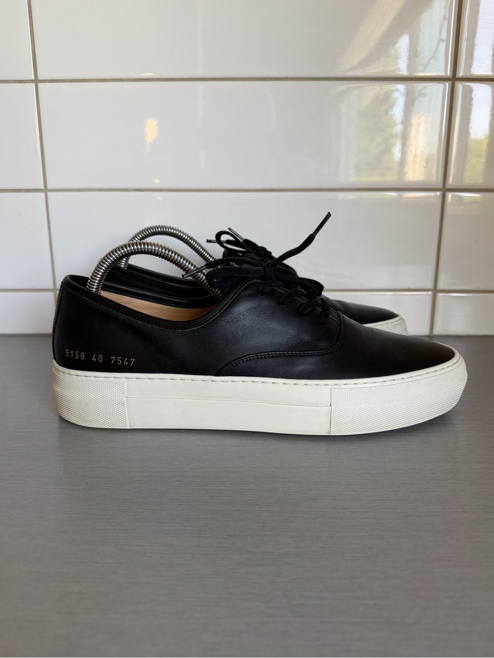 Common Projects Black Leather Low-Top Sneakers Platform Sole Size 40